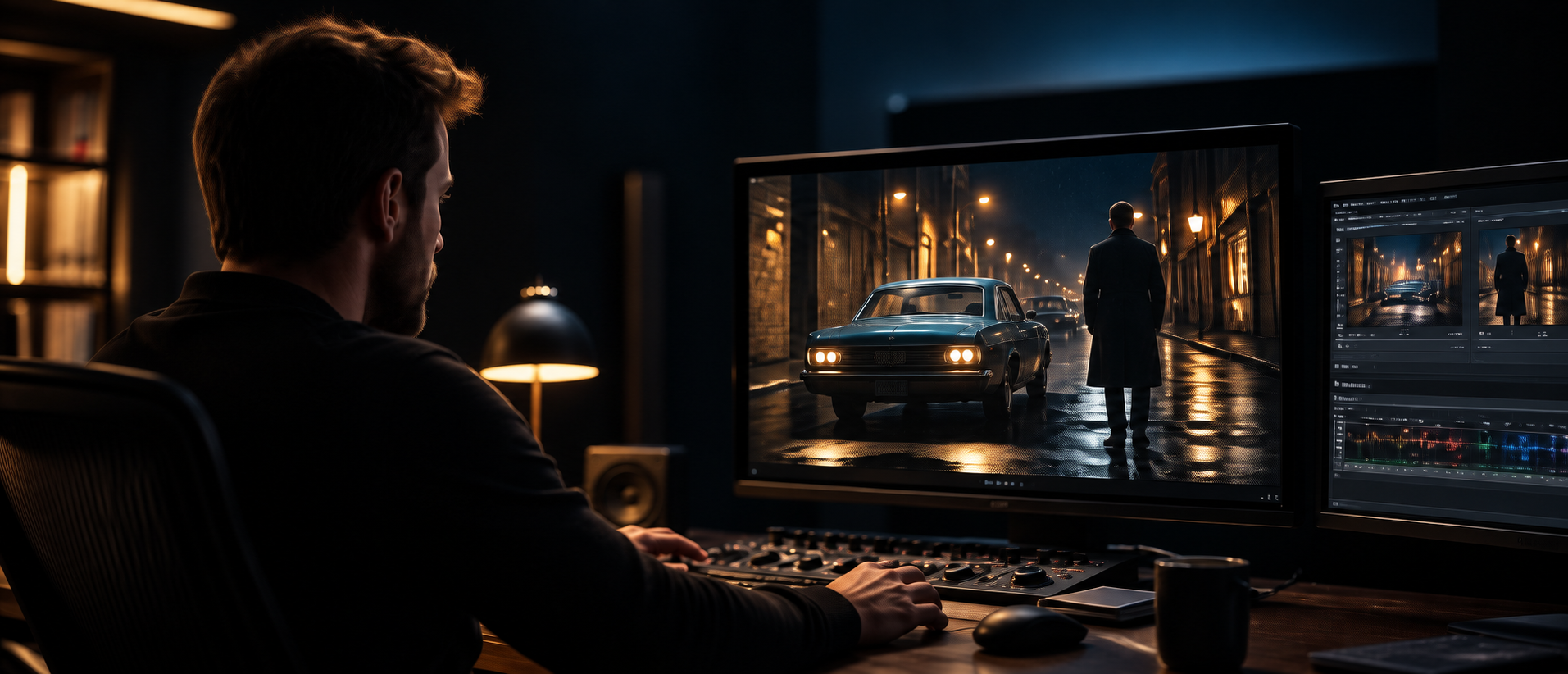 Editor reviewing footage in a post-production suite