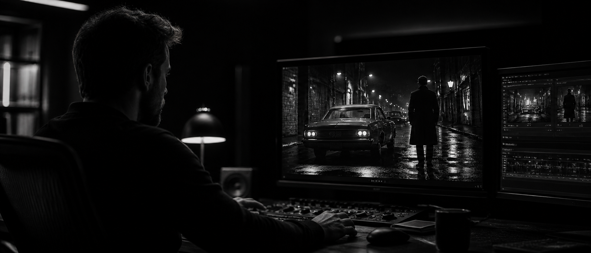 Editor reviewing footage in a post-production suite