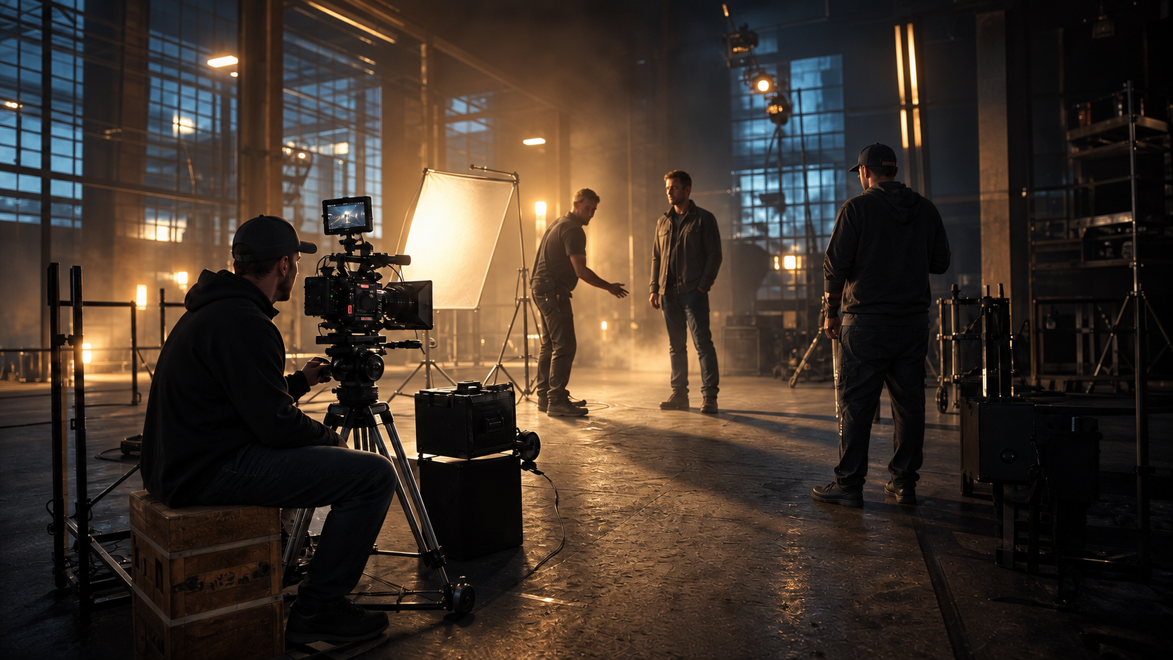 Production crew shaping a lit studio scene