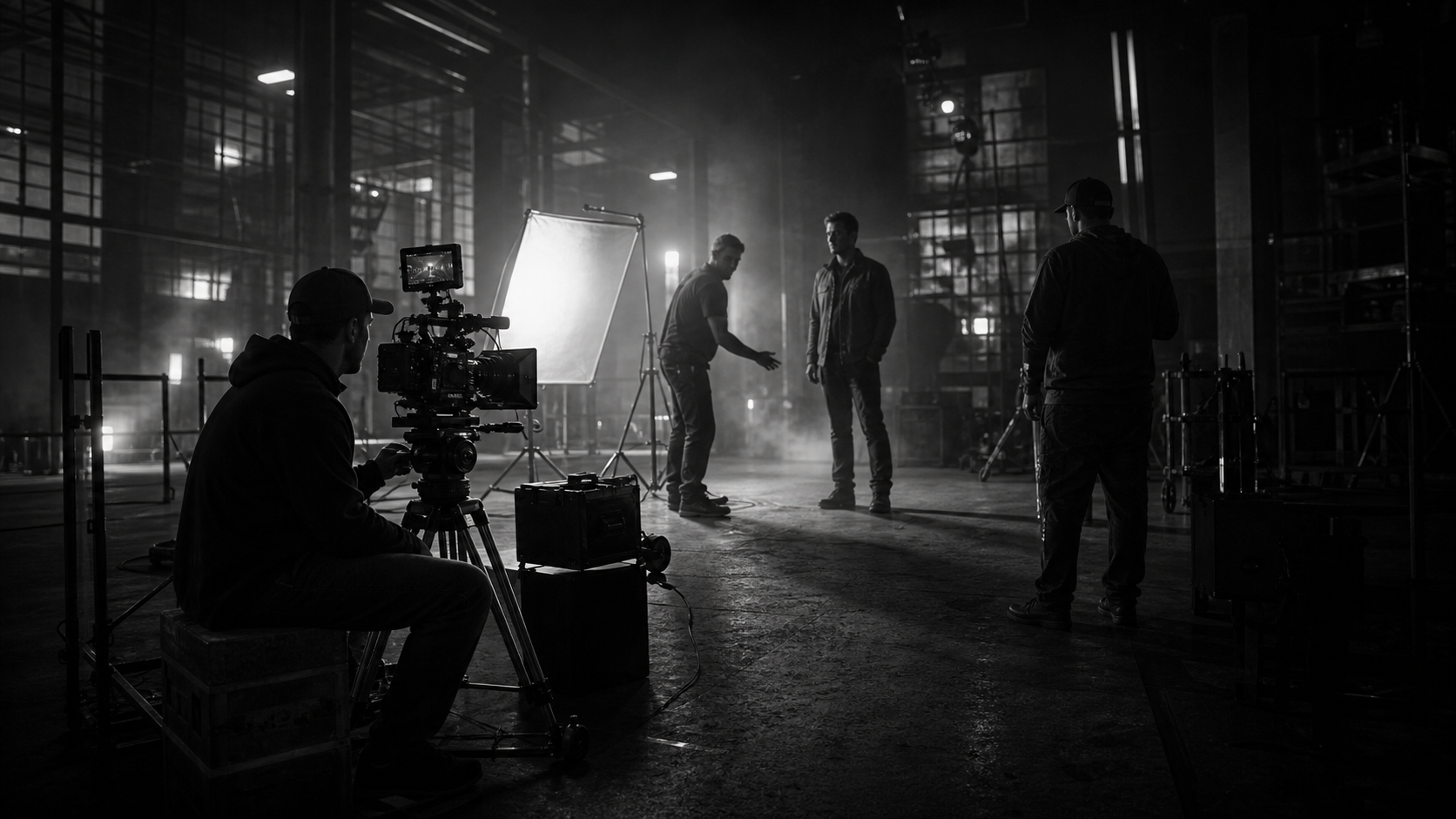 Production crew shaping a lit studio scene