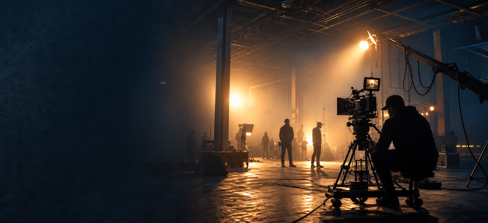 Film crew preparing a dramatic scene under studio lights