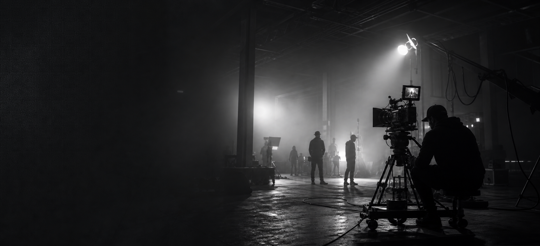 Film crew preparing a dramatic scene under studio lights